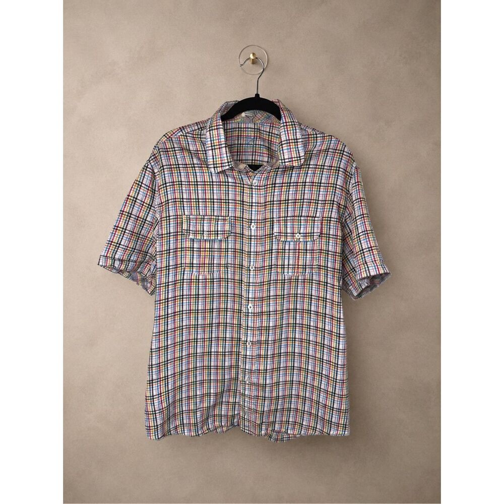 Bugatchi Uomo Sz XL Shaped Fit Multicolor Plaid Short Sleeve Button Down Shirt